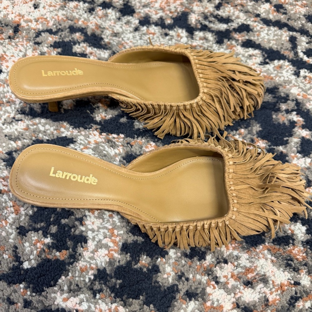 Larroude Tan Suede Fringed Kitten Heel Mule - Picture 12 of 16